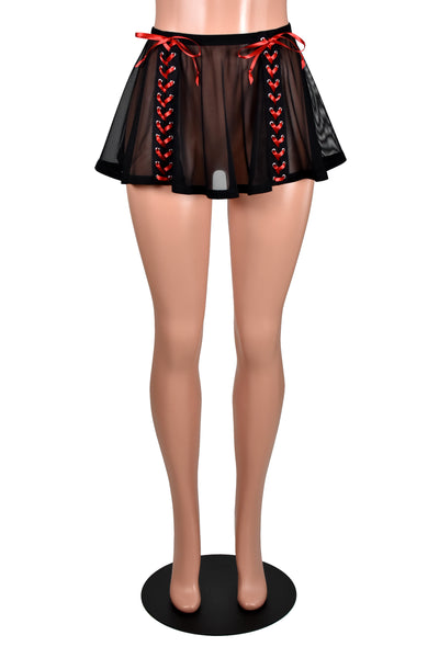Lace-Up Front Flared Black Mesh + Elastic Skirt (white, red, or black lacing) 11" Length