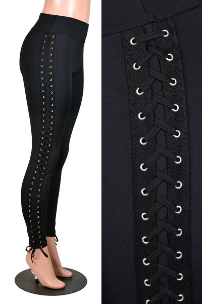 Black Nylon Spandex Side Lace-Up Leggings