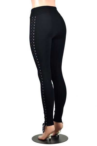Black Cotton Spandex Side Lace-Up Leggings