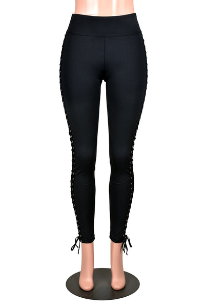 Black Nylon Spandex Side Lace-Up Leggings