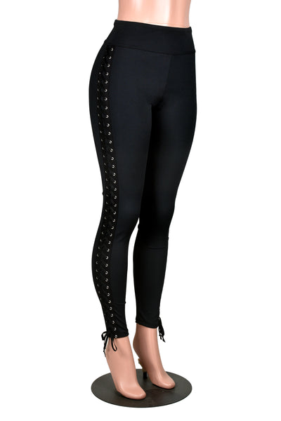 Black Nylon Spandex Side Lace-Up Leggings