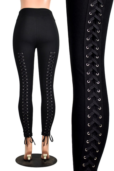 Black Cotton Spandex Back Lace-Up Leggings