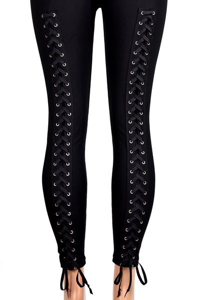 Black Cotton Spandex Back Lace-Up Leggings