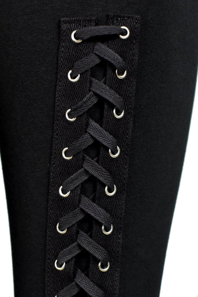Black Cotton Spandex Back Lace-Up Leggings