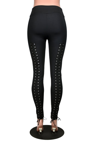 Black Nylon Spandex Back Lace-Up Leggings