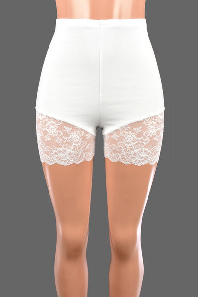 High-Waisted White Lace Leg Shorts (3.5" inseam)