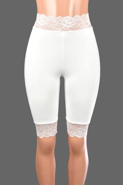 Knee Length High-Waisted White Stretch Lace Shorts (10.5" inseam)