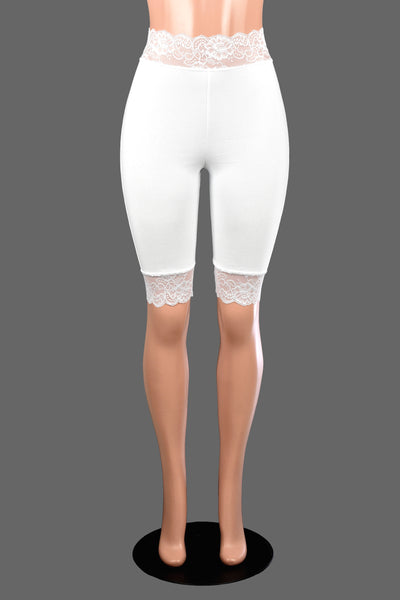 Knee Length High-Waisted White Stretch Lace Shorts (10.5" inseam)