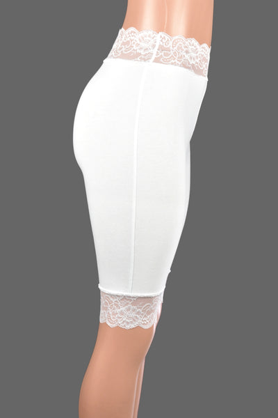 Knee Length High-Waisted White Stretch Lace Shorts (10.5" inseam)