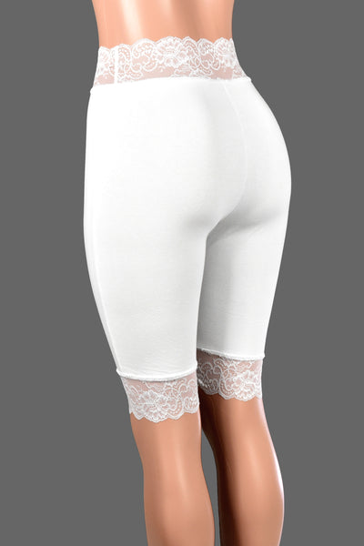 Knee Length High-Waisted White Stretch Lace Shorts (10.5" inseam)