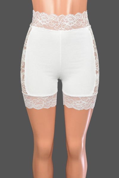 High-Waisted Lace Side White Stretch Lace Shorts (5" inseam)