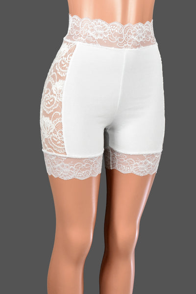 High-Waisted Lace Side White Stretch Lace Shorts (5" inseam)