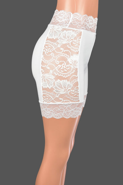 High-Waisted Lace Side White Stretch Lace Shorts (5" inseam)
