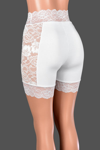 High-Waisted Lace Side White Stretch Lace Shorts (5" inseam)