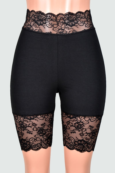 Organic Cotton Spandex Black High-Waisted Stretch Lace Shorts (8.5" Inseam)