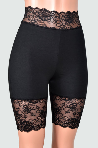 Organic Cotton Spandex Black High-Waisted Stretch Lace Shorts (8.5" Inseam)
