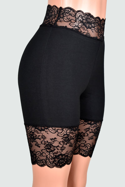 Organic Cotton Spandex Black High-Waisted Stretch Lace Shorts (8.5" Inseam)