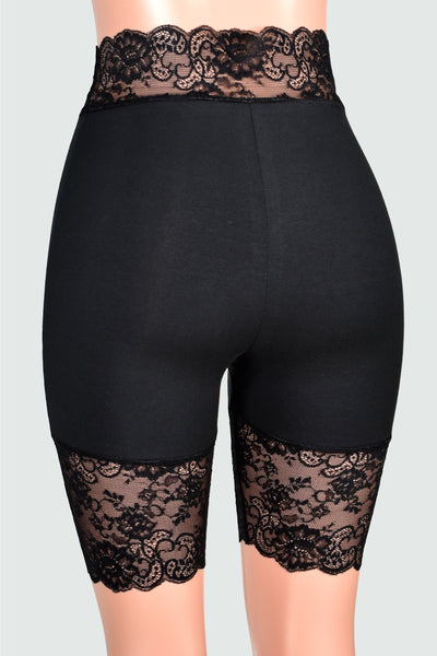 Organic Cotton Spandex Black High-Waisted Stretch Lace Shorts (8.5" Inseam)