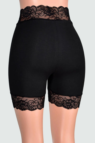 Organic Cotton Spandex High-Waisted Black Stretch Lace Shorts (5" inseam)