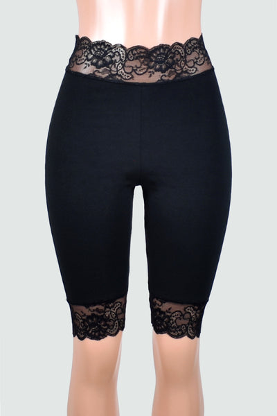 Organic Cotton Spandex Knee Length High-Waisted Black Stretch Lace Shorts (10.5" inseam)