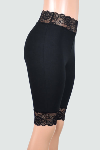 Organic Cotton Spandex Knee Length High-Waisted Black Stretch Lace Shorts (10.5" inseam)