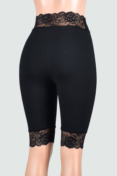 Organic Cotton Spandex Knee Length High-Waisted Black Stretch Lace Shorts (10.5" inseam)