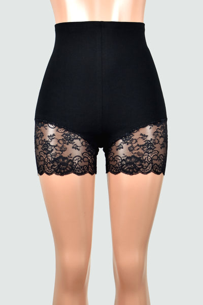 Organic Cotton Spandex High-Waisted Black Lace Leg Shorts (3.5" inseam)