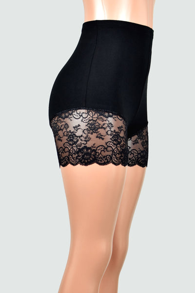 Organic Cotton Spandex High-Waisted Black Lace Leg Shorts (3.5" inseam)
