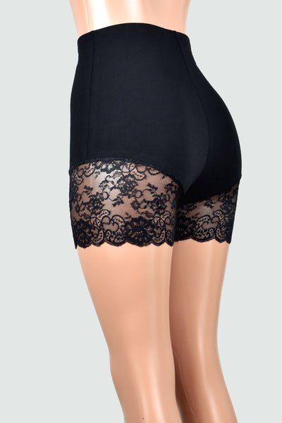 Organic Cotton Spandex High-Waisted Black Lace Leg Shorts (3.5" inseam)