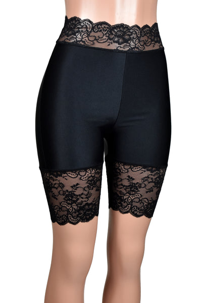 Shiny Spandex Black High-Waisted Stretch Lace Shorts (8.5" inseam)