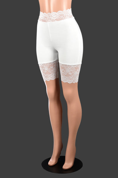 Organic Cotton Spandex White High-Waisted Stretch Lace Shorts (8.5" inseam)