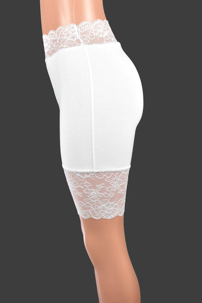 Organic Cotton Spandex White High-Waisted Stretch Lace Shorts (8.5" inseam)
