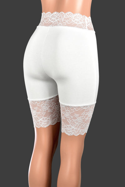 Organic Cotton Spandex White High-Waisted Stretch Lace Shorts (8.5" inseam)