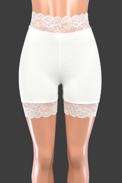Organic Cotton Spandex High-Waisted White Stretch Lace Shorts (5" Inseam/Mini Length)