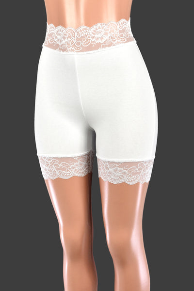 Organic Cotton Spandex High-Waisted White Stretch Lace Shorts (5" Inseam/Mini Length)