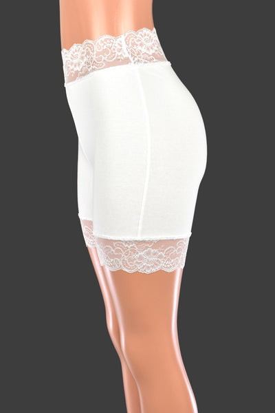 Organic Cotton Spandex High-Waisted White Stretch Lace Shorts (5" Inseam/Mini Length)