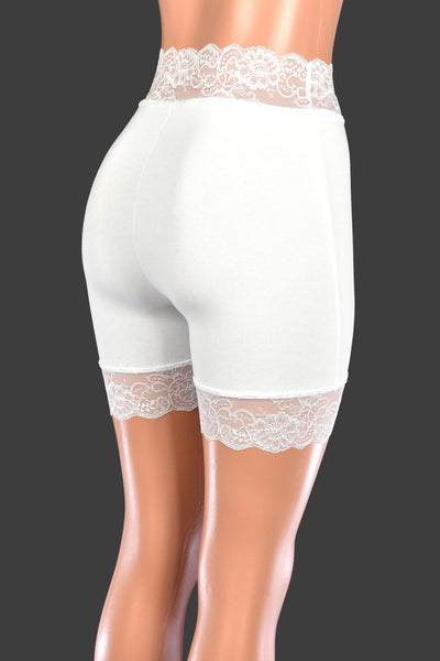 Organic Cotton Spandex High-Waisted White Stretch Lace Shorts (5" Inseam/Mini Length)