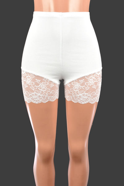 Organic Cotton Spandex High-Waisted White Lace Leg Shorts (3.5" inseam)