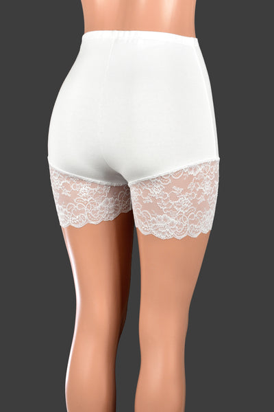 Organic Cotton Spandex High-Waisted White Lace Leg Shorts (3.5" inseam)