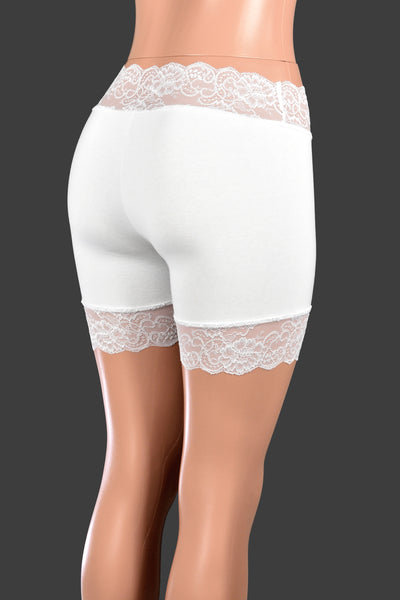 Organic Cotton Spandex White Stretch Lace Shorts (5" Inseam/Mini Length)