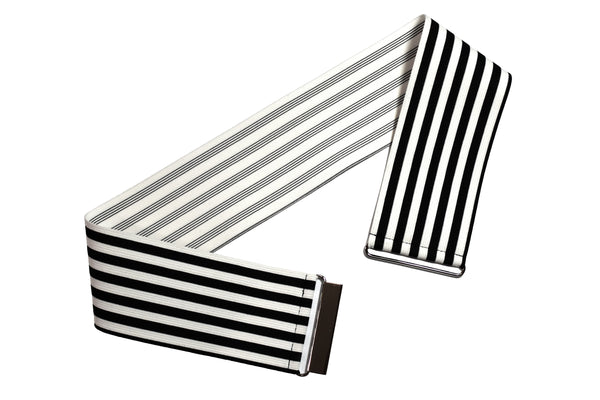 Black and White Striped Elastic Waist Belt with Silver Buckle (3" wide)