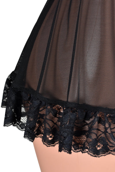 Flared Black Mesh and Elastic Skirt with Ruffled Lace Trim