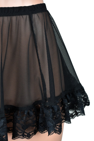 Flared Black Mesh and Elastic Skirt with Ruffled Lace Trim