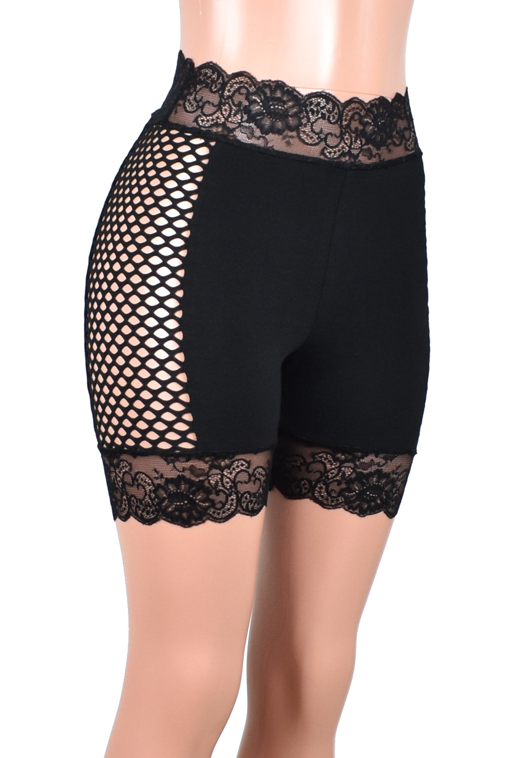 High-Waisted Cabaret Fishnet Side Black Stretch Lace Shorts (5" inseam)
