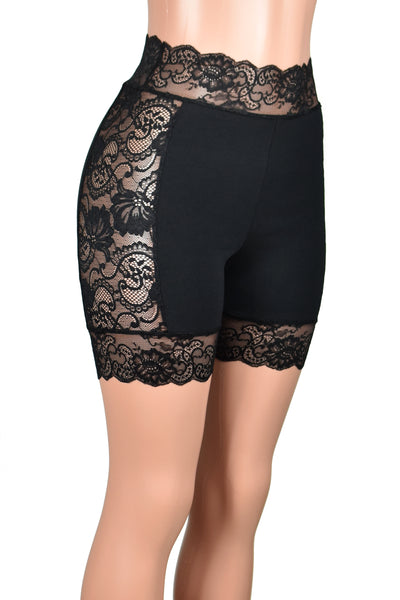 High-Waisted Lace Side Black Stretch Lace Shorts (5" inseam)