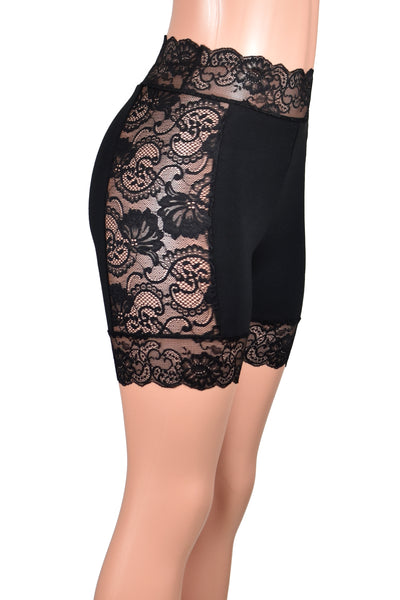 High-Waisted Lace Side Black Stretch Lace Shorts (5" inseam)