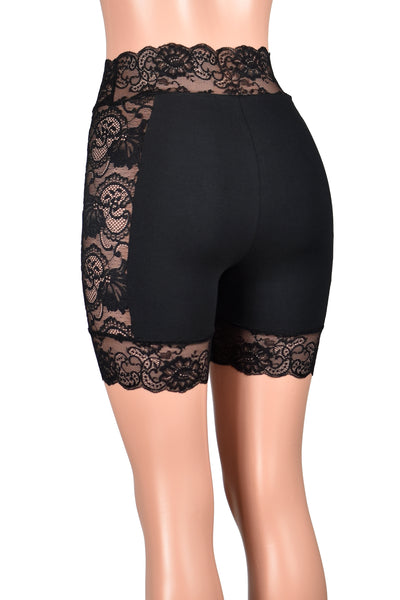 High-Waisted Lace Side Black Stretch Lace Shorts (5" inseam)