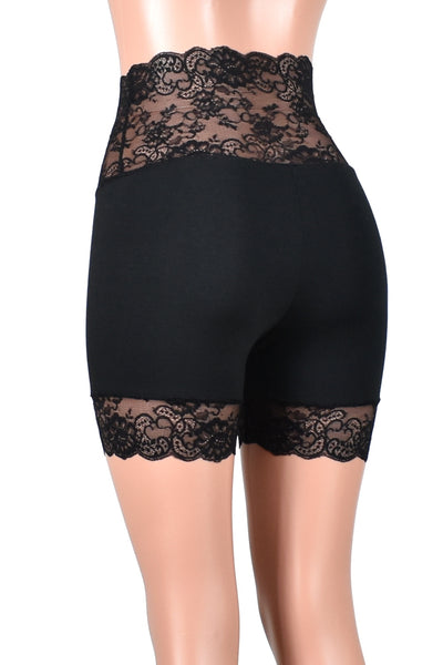 Wide Waistband 2.5" Black Stretch Lace Shorts (5" inseam)