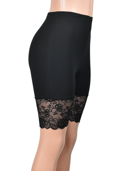 High-Waisted Black Stretch Lace Shorts (Elastic Waist, 8.5" Inseam)