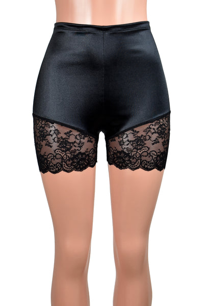 High-Waisted Black Satin Lace Leg Shorts (3.5" inseam)
